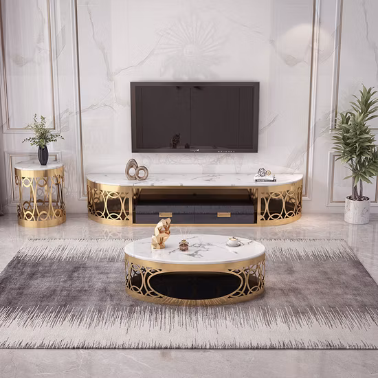 Black Marble Glass Modern Luxury Coffee Tables Gold Stainless Steel Round Living Room Tables