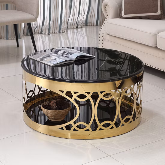 Black Marble Glass Modern Luxury Coffee Tables Gold Stainless Steel Round Living Room Tables