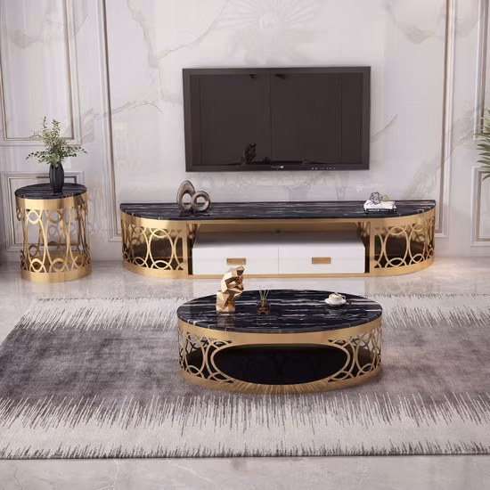 Black Marble Glass Modern Luxury Coffee Tables Gold Stainless Steel Round Living Room Tables