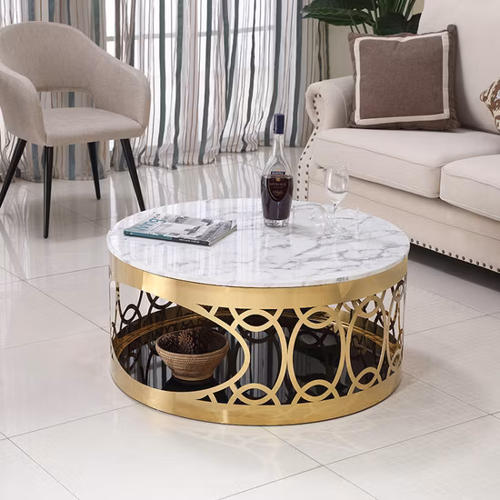 Black Marble Glass Modern Luxury Coffee Tables Gold Stainless Steel Round Living Room Tables